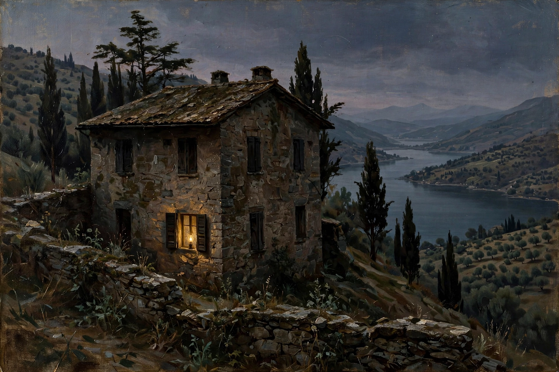 An old Italian estate above Lake Garda at dusk